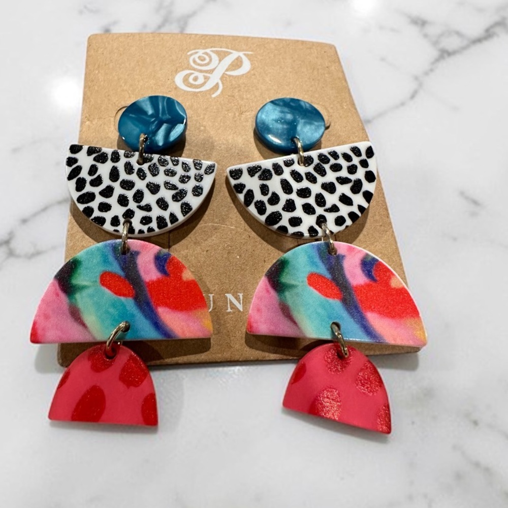 Plunder Colorful Statement Dangle Earrings | Bold Multi Color Geometric Earrings - Picture 3 of 7